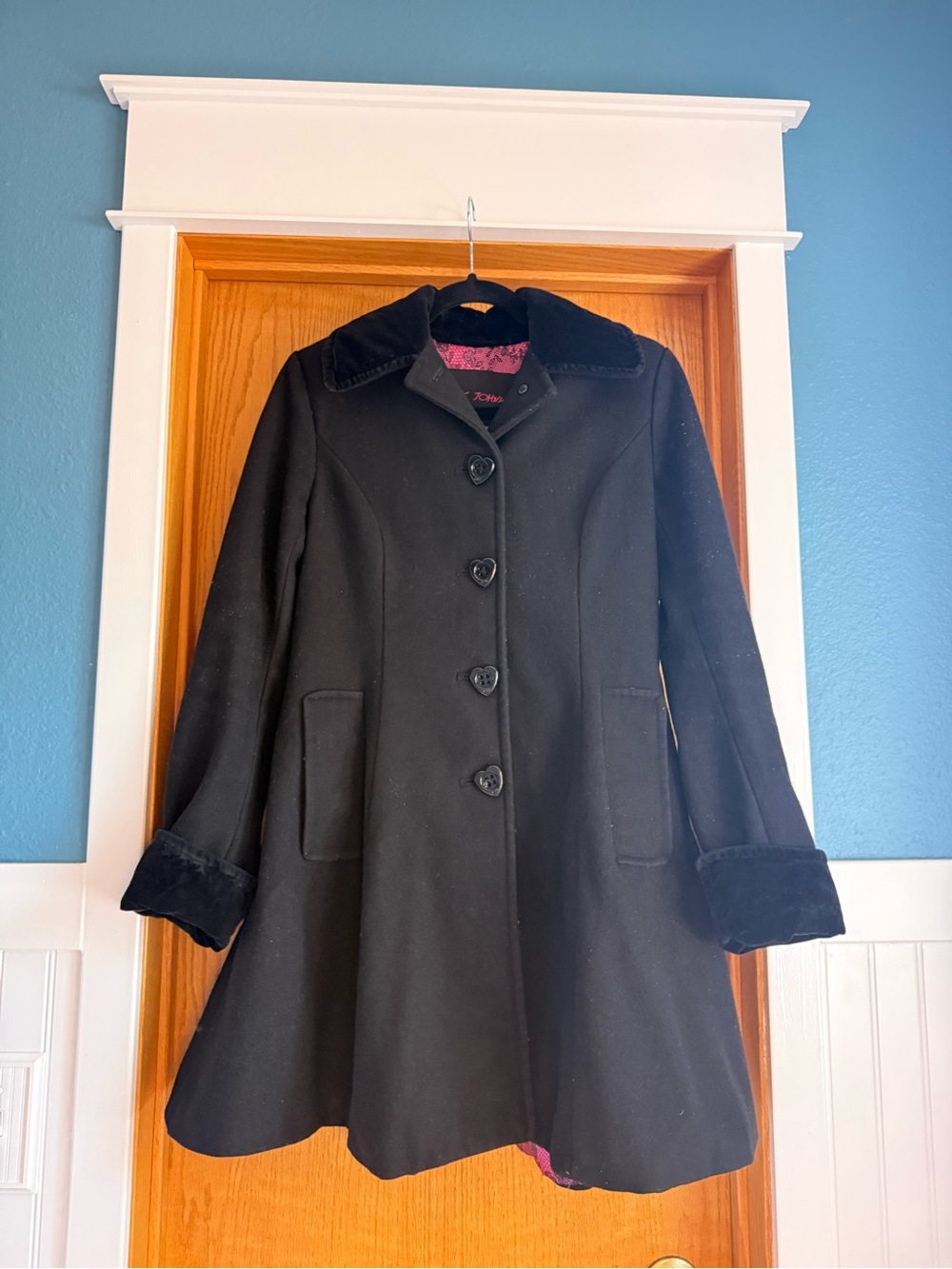 Betsey Johnson Black Pea Coat with Velvet Trim